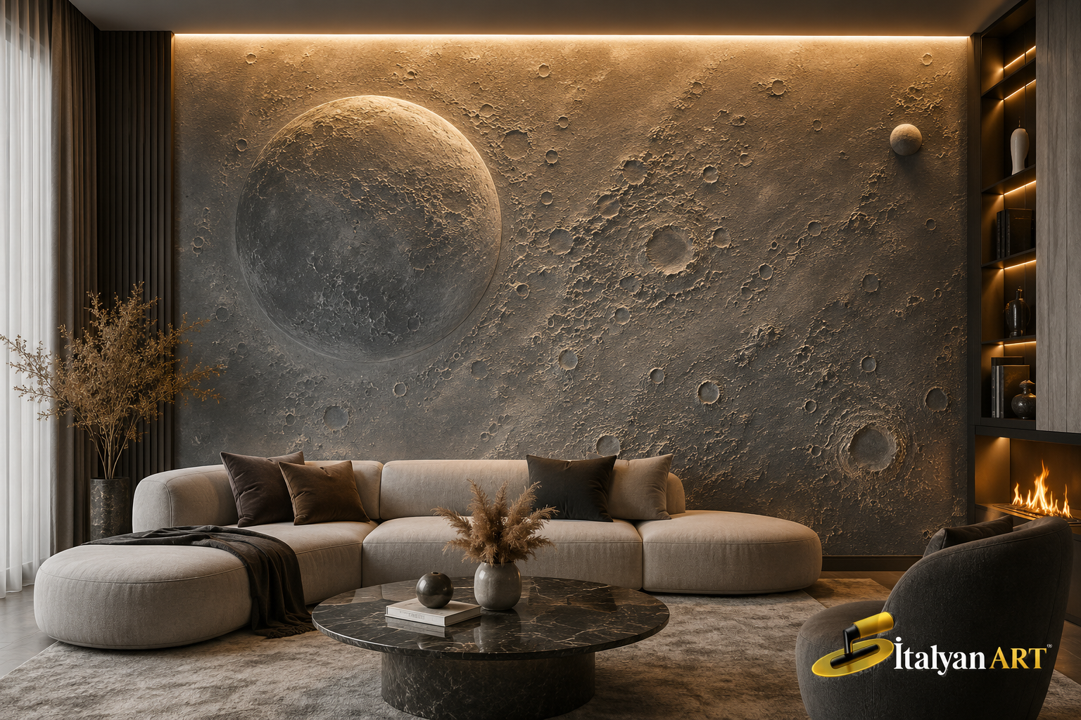 Moon Effect İtalyan Boya uygulaması ile oluşturulmuş ay krateri dokulu dekoratif duvar tasarımı. Luna Effect, Lunar Surface Effect, Planet Texture, Cosmic Wall Finish ve Materico dekoratif sıva tekniklerini bir araya getiren modern, lüks ve sanatsal iç mekân duvar kaplaması.