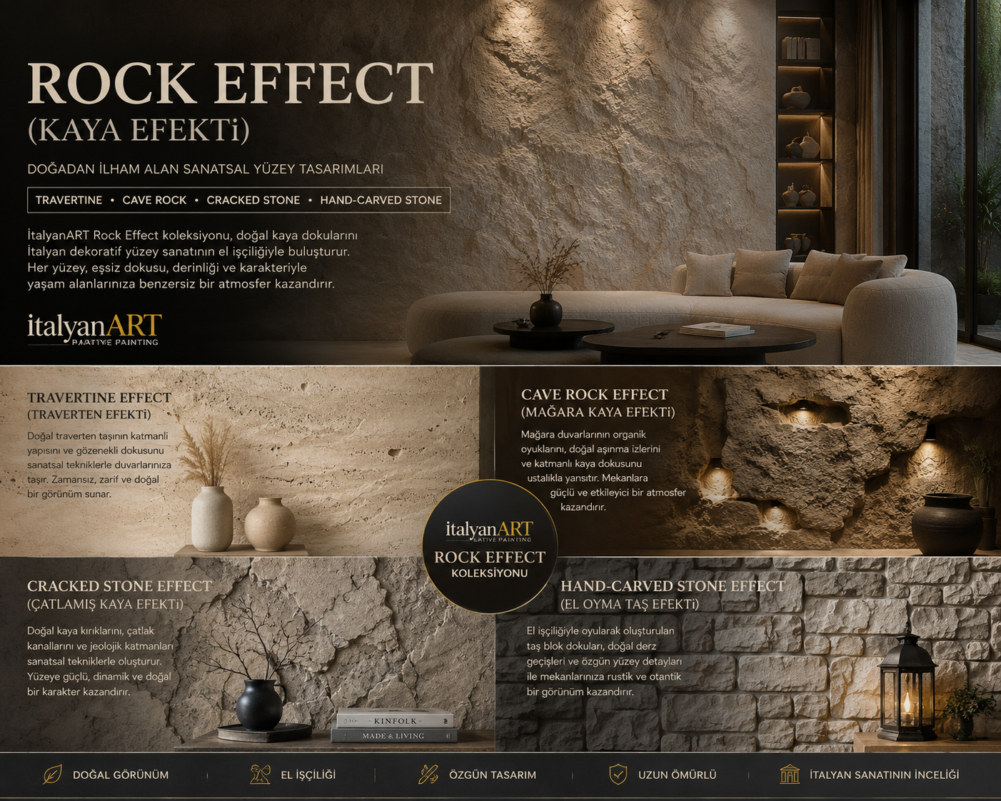 Rock Effect (Kaya Efekti) dekoratif duvar tasarımı, Travertine Effect, Cave Rock Effect ve Cracked Stone Effect uygulamalarını gösteren el yapımı İtalyan dekoratif yüzey çalışması. Rock Effect (Kaya Efekti) | El Yapımı Dekoratif Kaya Duvar Tasarımları | İtalyanART