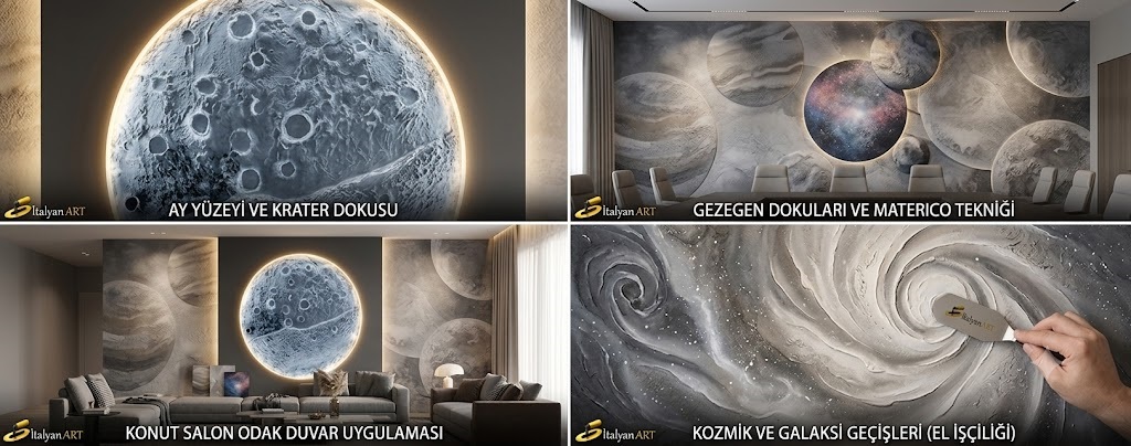 Moon Effect dekoratif İtalyan boya tekniğiyle oluşturulan, ay yüzeyi ve gezegen kraterlerinden ilham alan Materico dokulu premium duvar tasarımı. Doğal ışıkla farklılaşan üç boyutlu yüzey efekti, modern iç mimariye sanatsal bir karakter kazandırır. Lunar Crater Wall Finish – Moon Effect Decorative Italian Wall Art