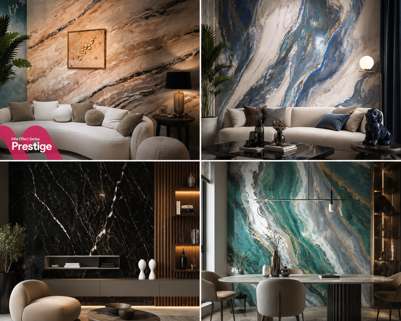 Mermer efektli dekoratif boya uygulamalarından oluşan kolaj görseli. Marmorino, Stucco Veneziano, Grassello di Calce, Marmorosso, Decostucco, Marmarito, Marmarino Plus ve Marble Stone Effect tekniklerinden ilham alınarak hazırlanmış modern salon, yatak odası ve yaşam alanlarında doğal mermer görünümlü dekoratif duvar uygulamalarını göstermektedir.