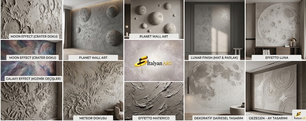 Moon Effect, Luna Effect ve Planet Wall tasarımlarıyla ay krateri dokulu İtalyan boya uygulamaları. Lüks, modern ve sanatsal dekoratif duvar çözümleri.