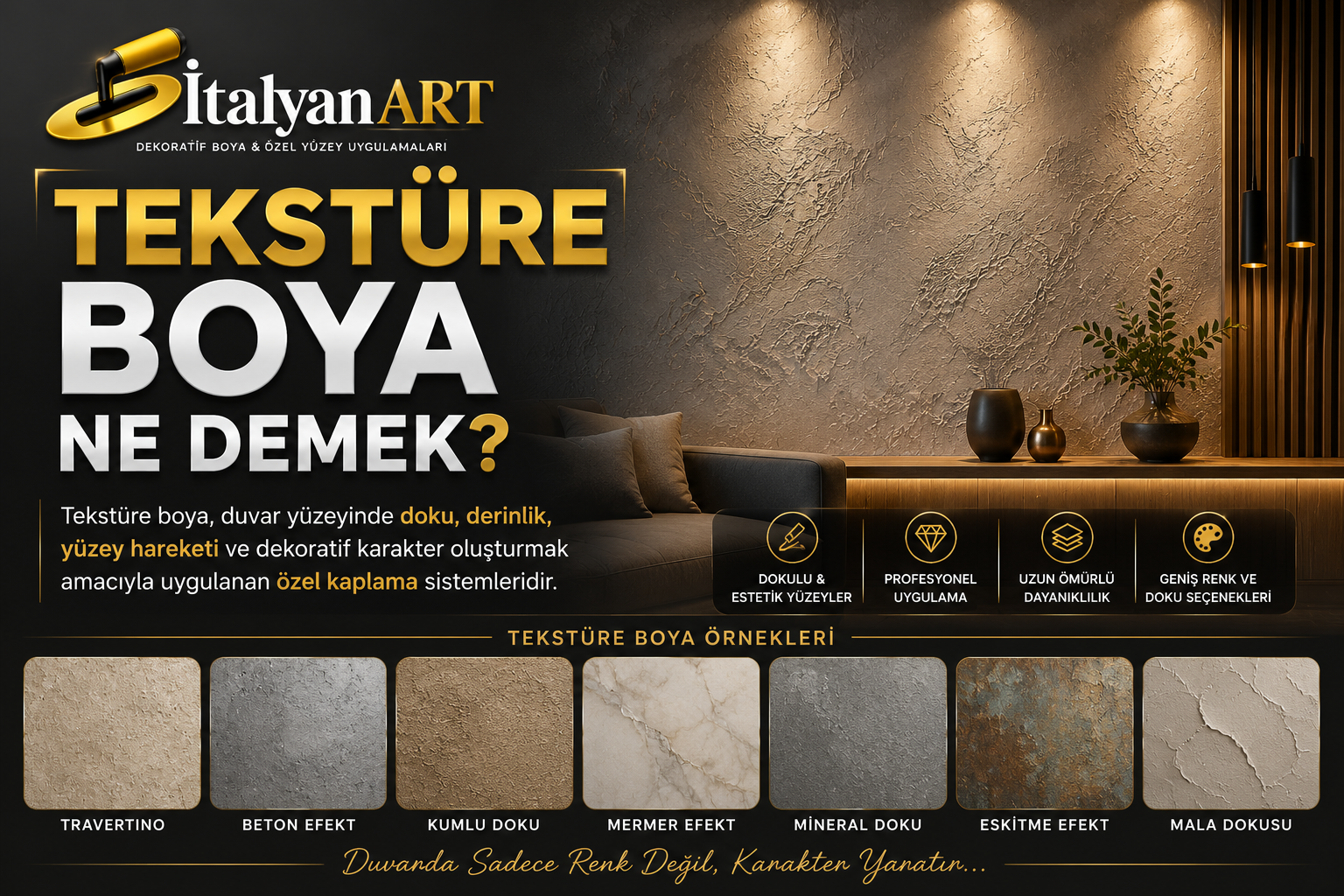 Tekstüre Boya Ne Demek? Tekstüre Boya Ne Demek? | İtalyanART Dekoratif Boya Tekstüre boya ne demek? İtalyanART tekstüre boya, Travertino, beton efekt, kumlu, mineral ve mala dokulu dekoratif duvar uygulamaları.